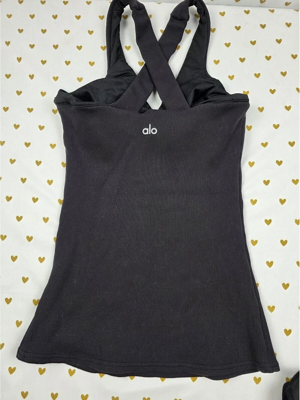Alo Yoga Ribbed Cross Back Shelf Bra Tank Top Black Women's XS Athletic